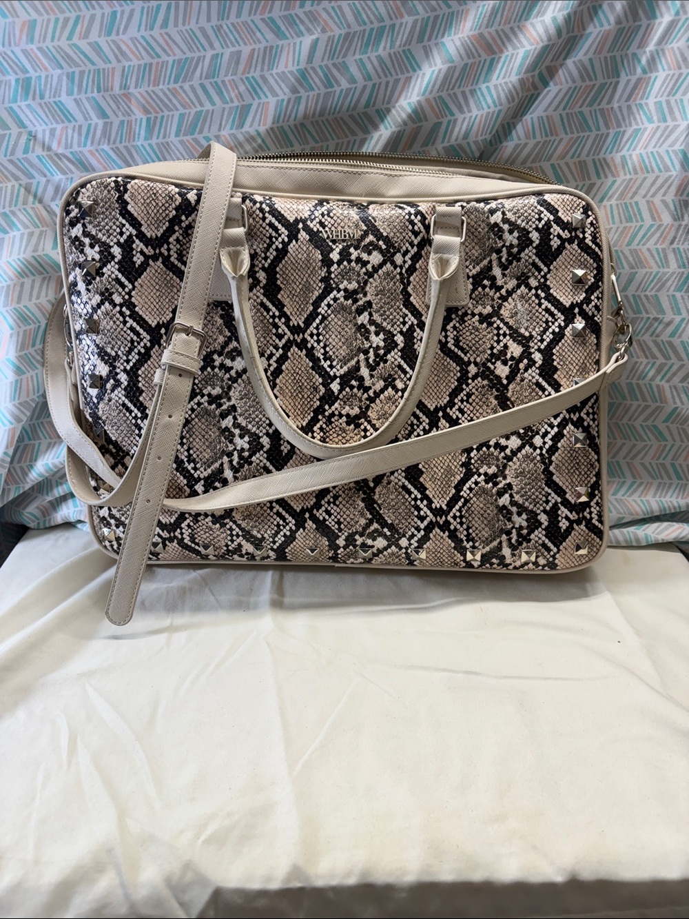 White House Black Market Snake-Print Laptop Tote in Beige and Black